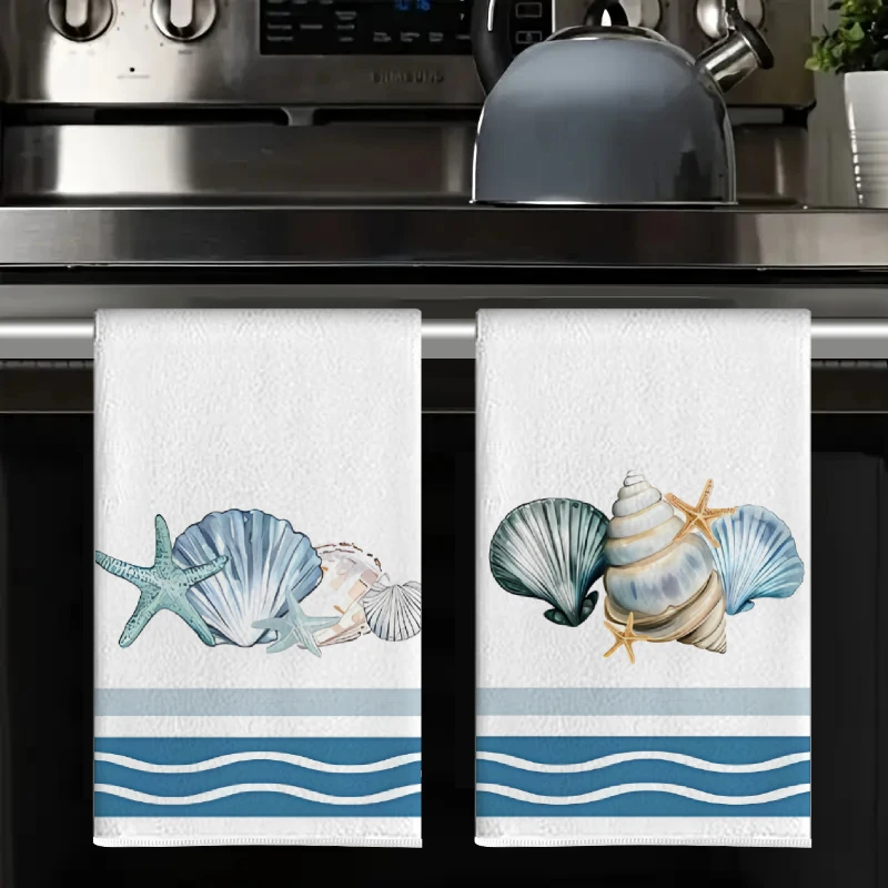 2Pcs, Starfish and Shell Kitchen Towels, Super Absorbent Soft Cleaning Cloth, Cooking and Baking Tea Towels, Tea Towels, Hand Towels, Cleaning Cloths, Dishcloths, Kitchen Decor, Living Room Decorations, Kitchen Essentials, Home Essentials