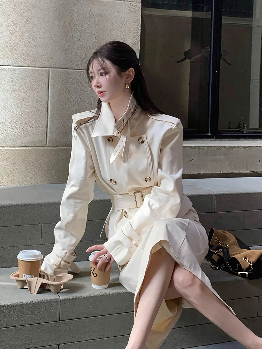 

White Stand Collar ort Coat Women's Faion oulder Briti Sle Spring New Arrival ature High-End Feel Commute Sle