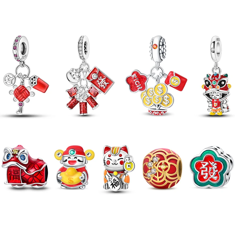 

New Year Series 925 Silver God Of Wealth Lion Dance Chinese Knot Charms Beads Fit Pandora Original Bracelets DIY Jewelry Gifts