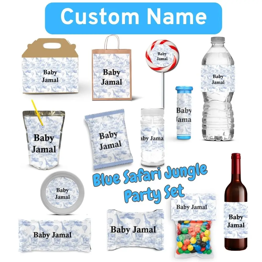 Favores De fiesta De Baby Shower De Safari azul personalizados, pegatina De Animal De la jungla De Toile De Jouy, decoración De fiesta para despedida De soltera De cumpleaños