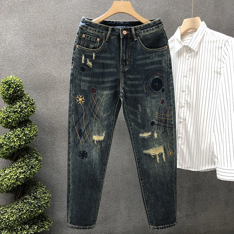 Spring and Autumn Fashion Trend Printed Straight-Leg Stretch Denim Jeans Men's Casual Comfortable Sports High-Quality Trousers
