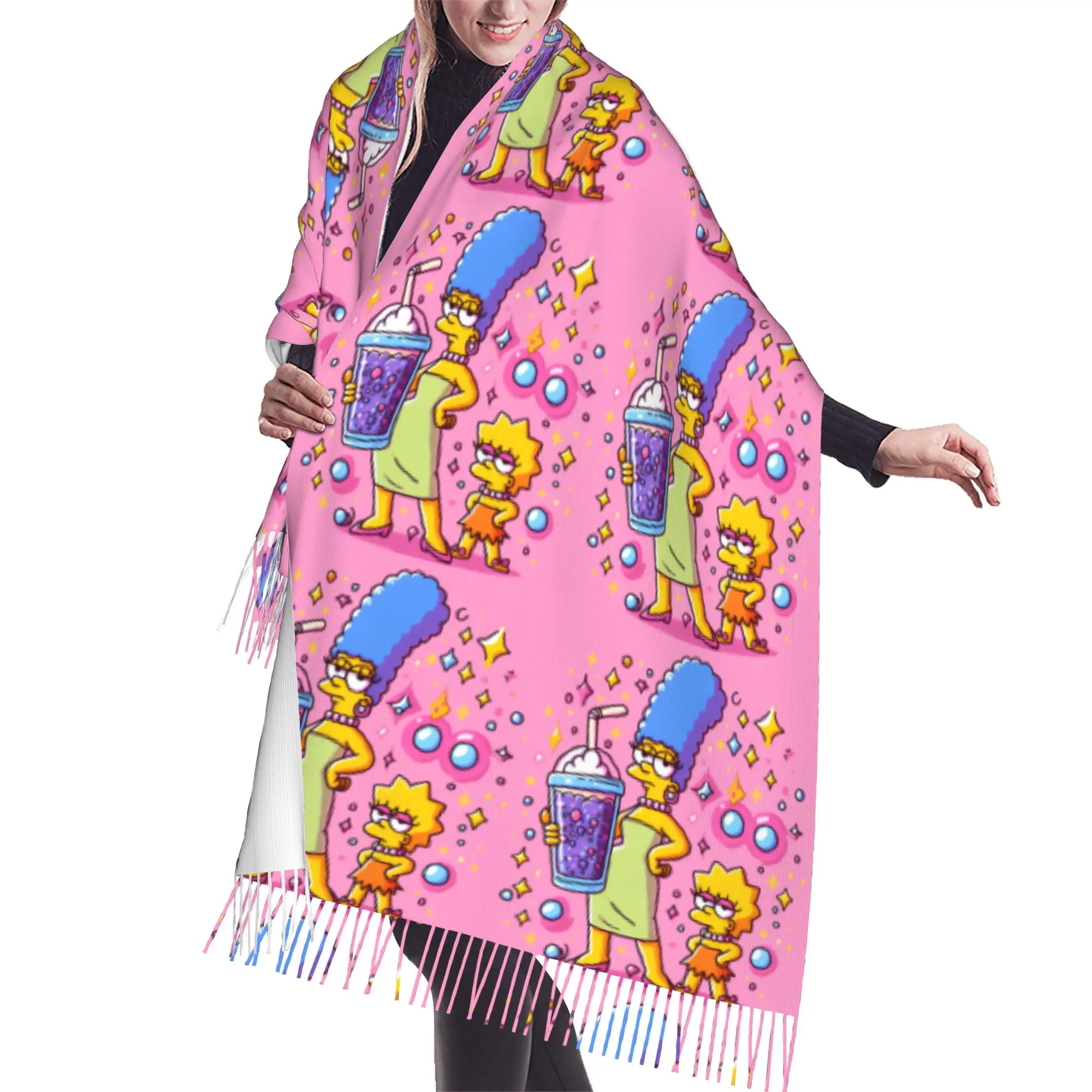 Custom S-Simpsonsed Cartoon Scarf Wrap Women Long Winter Fall Warm Tassel Shawl Unisex Homer Anime Scarves