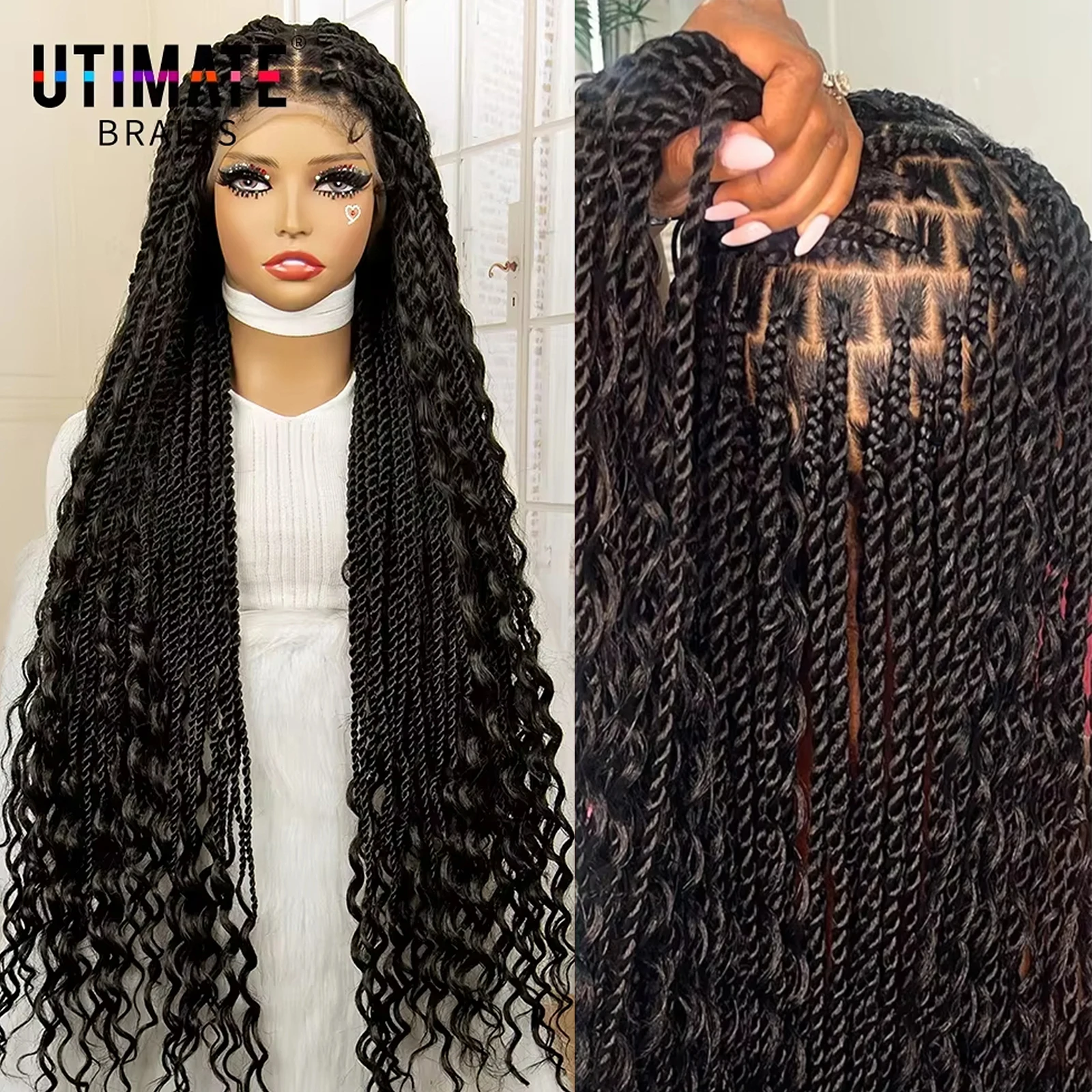 Twist Box Braided Wigs 36 Inch Full Lace Synthetic Wigs for Black Women Twist Braids Boho Braids Synthetic Lace Frontal Wig