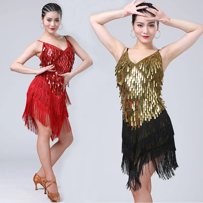 

Ballroom Competition Dresses Tango Adult Red Latin Dance Costumes Women Salsa Dancewear Dance Costume Dresses Fringe Gold Sequin