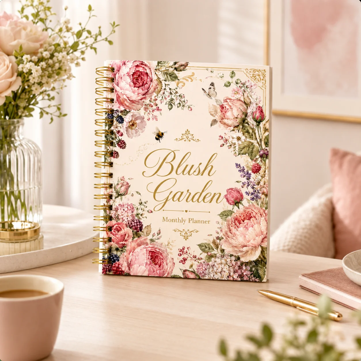 Garden Journal Planner - Elegante Bloemige Maandplanner met Roze Rozen