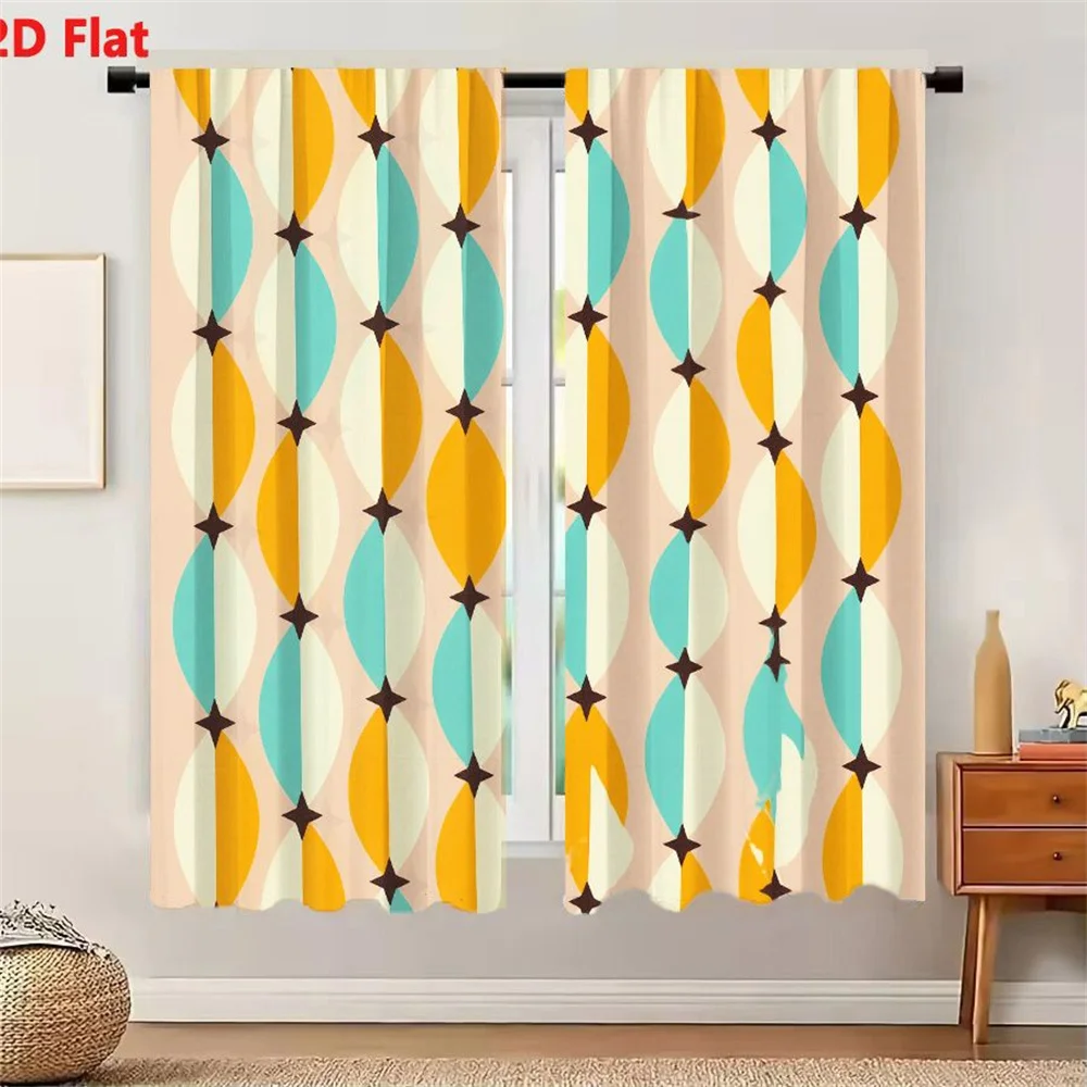 2Pcs Curtains 2D Flat Light Pink Background Retro Mid-Century Modern Decorative Pattern With Yellow-Orange Light Blue Off-White