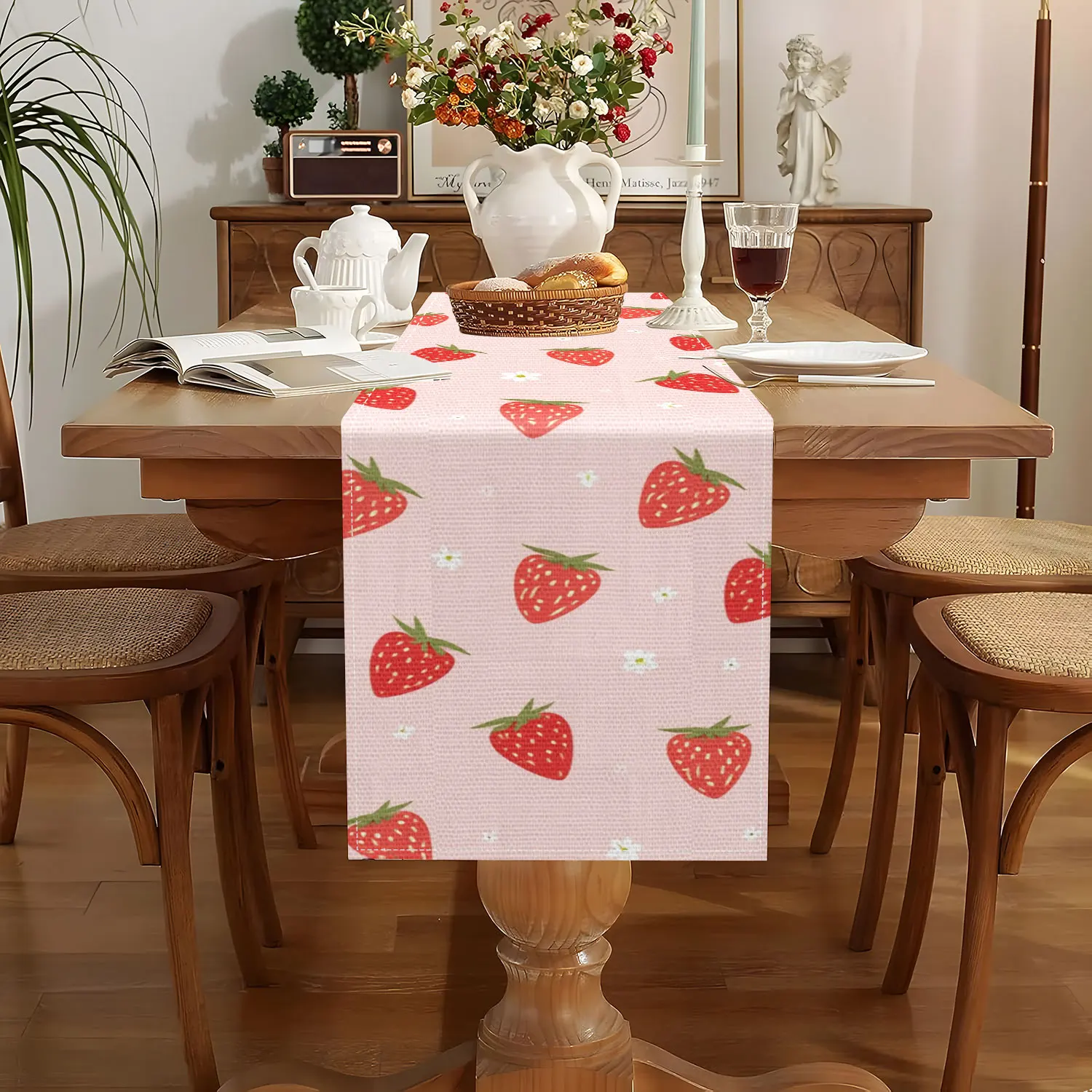 1 Piece of Strawberry-Themed Table Runner, Decorated with Strawberries and Small White Flowers, Suitable for Sweet Style Decoration, Girly Space