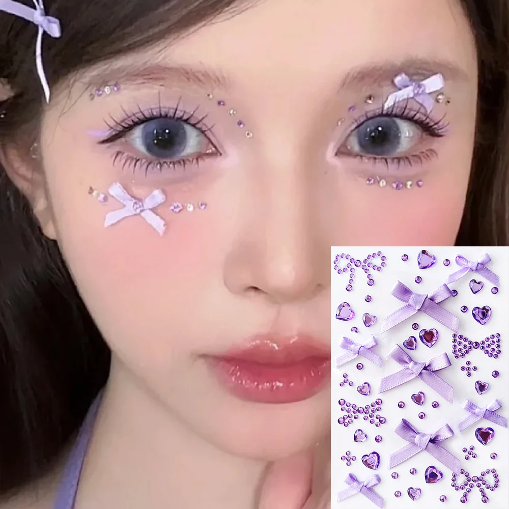 5D الشريط القوس والقلب حجر الراين ملصقات الوجه الوردي/الأحمر تألق فراشة جوهرة لعيد الميلاد عطلة حزب ماكياج ملصقات ديكور لتزيين الغرف