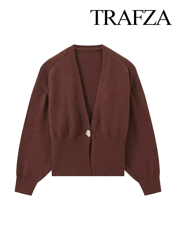 TRAFZA Women Autumn Solid Single Button Deep V-Neck Knitted Cardigan Woman Long Sleeves Slim Casual Sweater High Street Coat