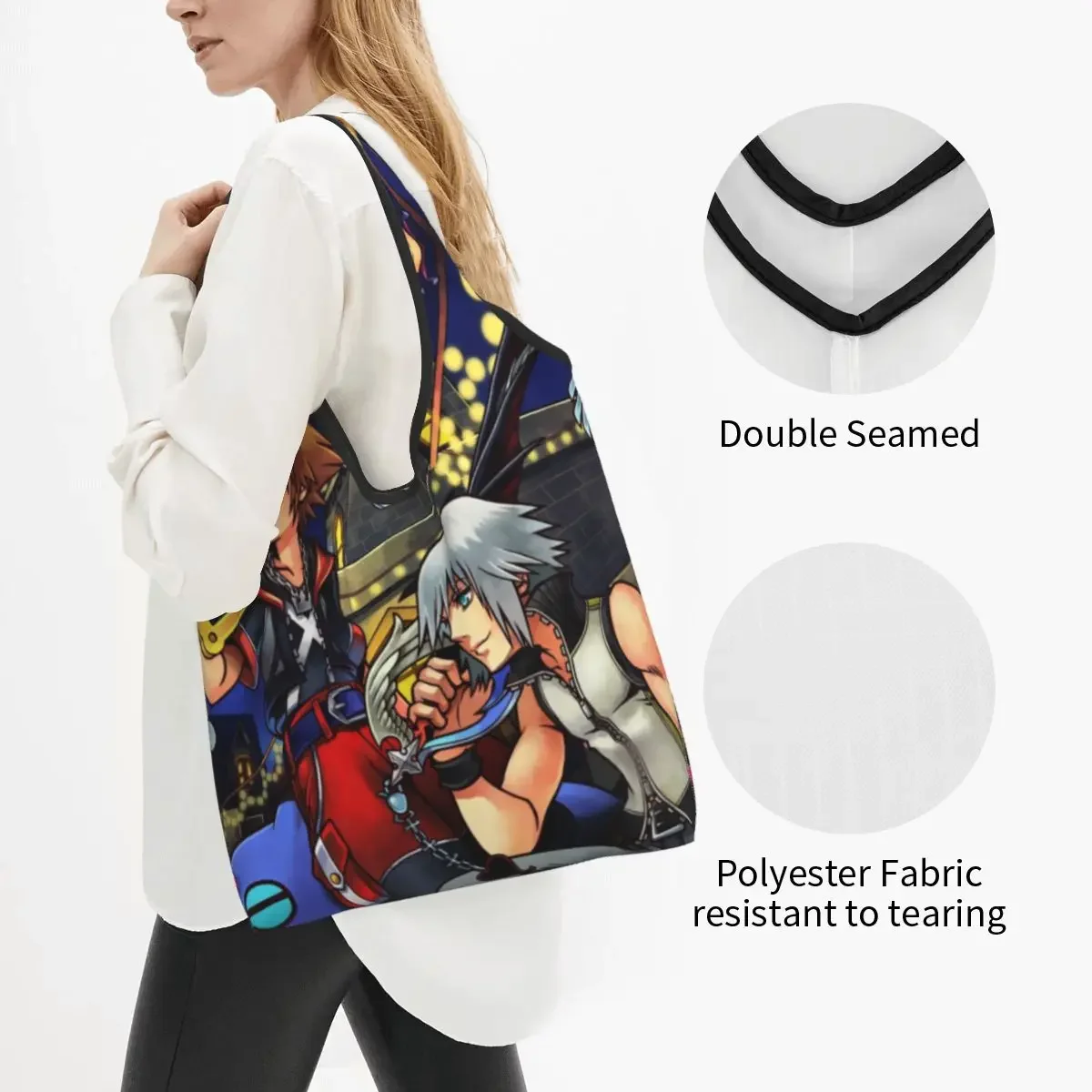 Custom Funny Kingdom Hearts Dream Drop Distance Shopping Tote Bag Portable Sora and Riku Groceries Shoulder Shopper Bag