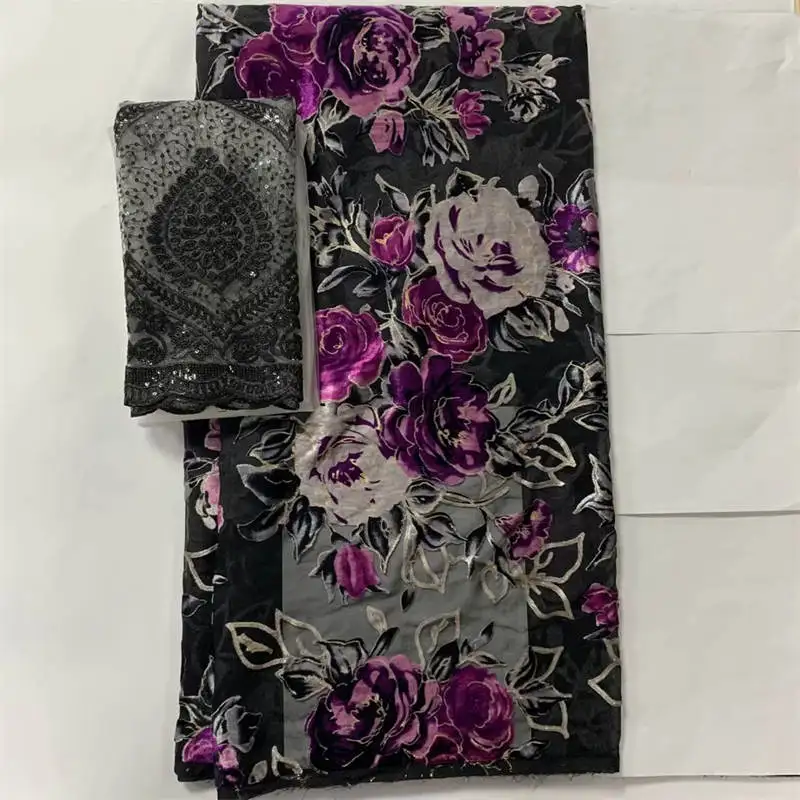 High quality african printed velvet fabric 5+2 yards for ladies to wear soft and comfortable printed velvet silk fabric.L68232