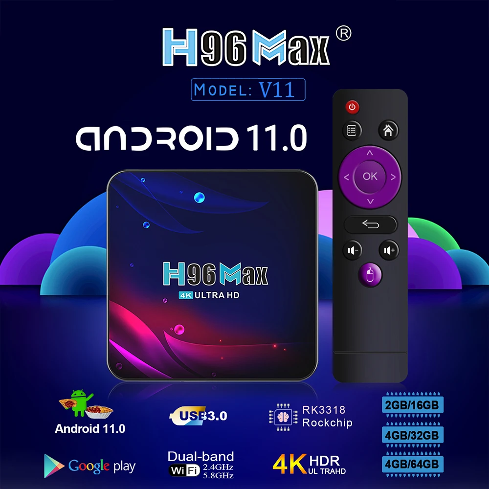 กล่องทีวีอัจฉริยะ H96 Max V11 RAM 4GB ระบบ Android 11 รองรับวิดีโอ 3D BT4.0 4K ชิปประมวลผล Rockchip 3318 เครื่องเล่นมีเดีย Google 4K กล่องรับสัญญาณทีวีขนาดเล็ก