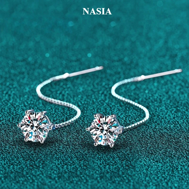 NASIA Moissanite Earrings S925 Sterling Silver Plated with White Gold Ear Wire Line Drop Earring Hoop Wedding Jewelry 2026