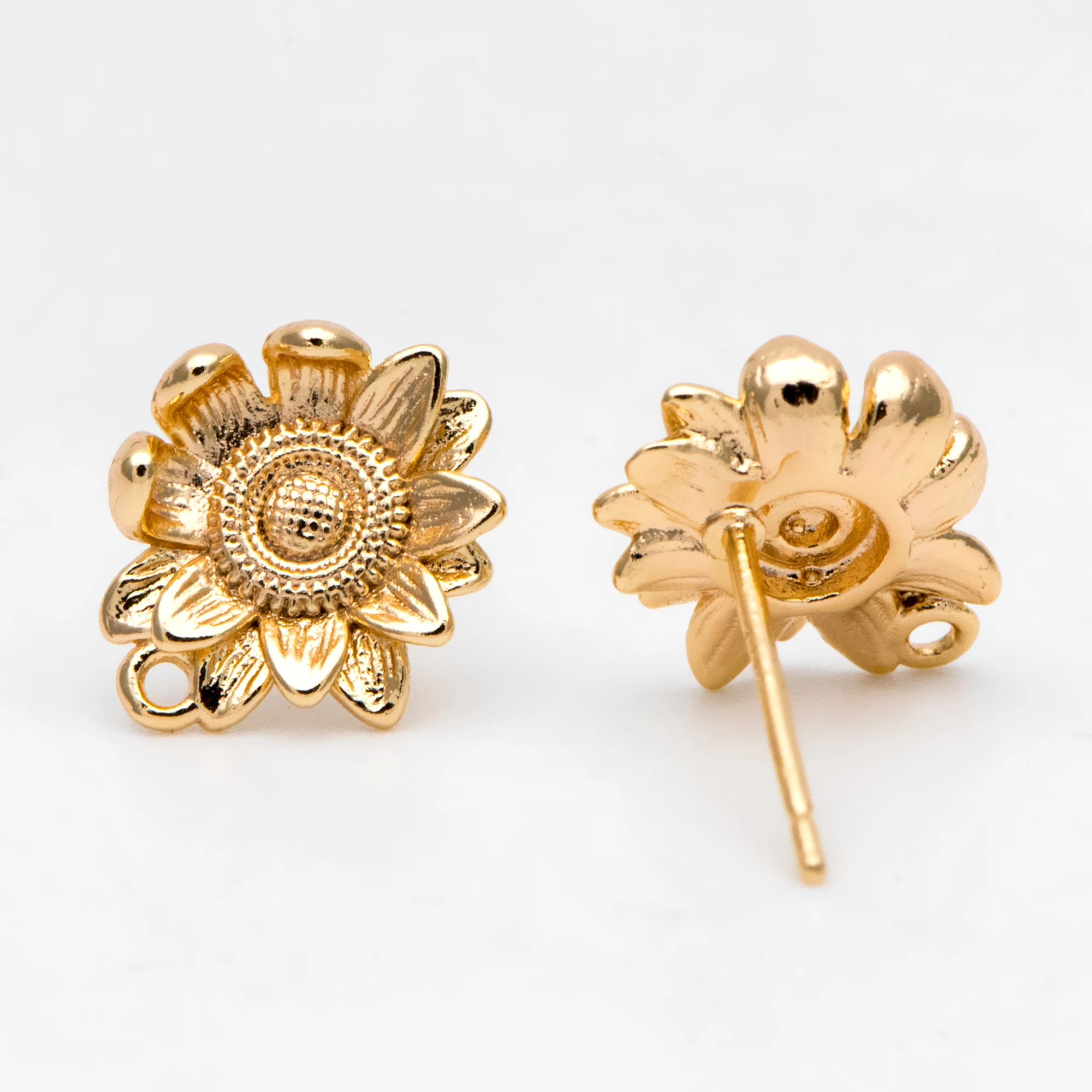 10pcs Sunflower Earring Posts, Gold Plated Brass Floral Stud Earring with Loop (GB-3224)