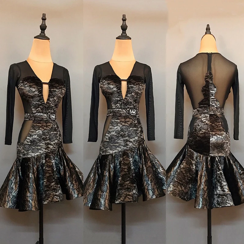 Vestito da ballo latino in velluto sexy Vestito da prestazione per donna Rumba Tango Costumi di scena Manica lunga Vestito latino Abbigliamento da pratica VBH2046