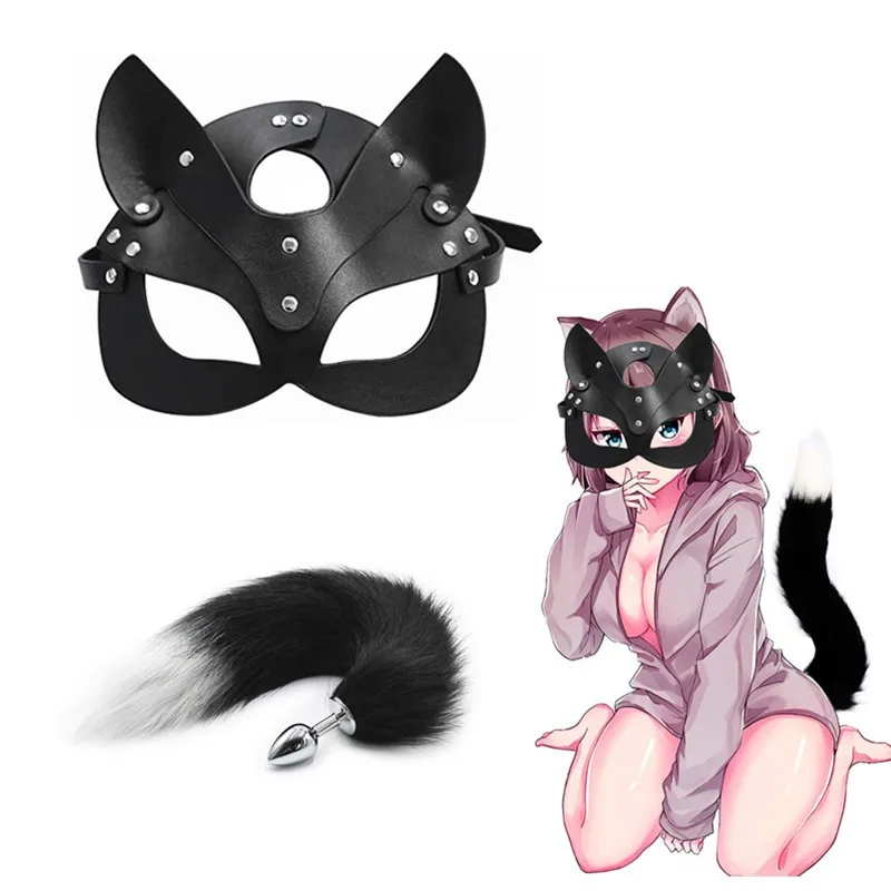 Fox Cosplay Mask Female Sex Toy Metal Butt Plug Pussy Half Mask BDSM Game Mask Sex Toys for Women Couple