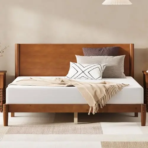 Solid Wood Queen Bed Frame, Mid Century Bed with Headboard, Brown | Platform Bed with Full Panel Headboard, Noise-Free