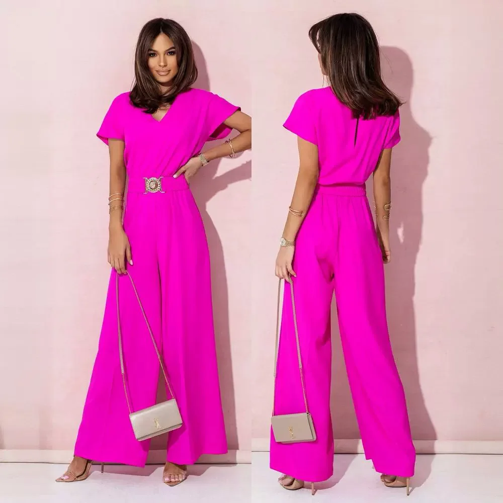 Fashion V-neck Short Sleeve High Waist Jumpsuit Women 2024 Summer Solid Wide Leg Elegant Romper Vintage Jumpsuits Overalls Women