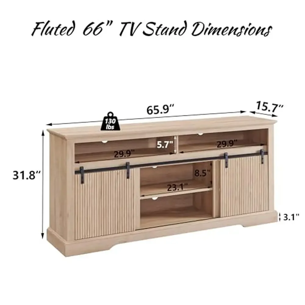 Fluted Waveform Panel TV Stand Entertainment Center 75 Inch TVs Tall Cabinet 8 Storage Compartments(Rectangular Natural)