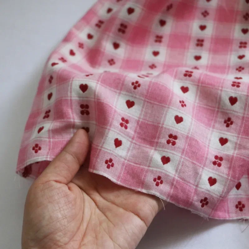 145x50cm Pink White Plaids Fabric, Love Heart Yarn-Dyed Jacquard Cotton Shirt Dress DIY Sewing Cloth