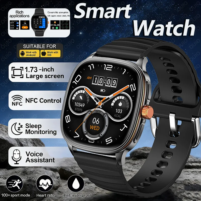 

New Smart Watch 1.73" HD Screen NFC Voice Assistant Music Weather Sports Heart Rate High-precision Sensor Waterproof Smart Watch