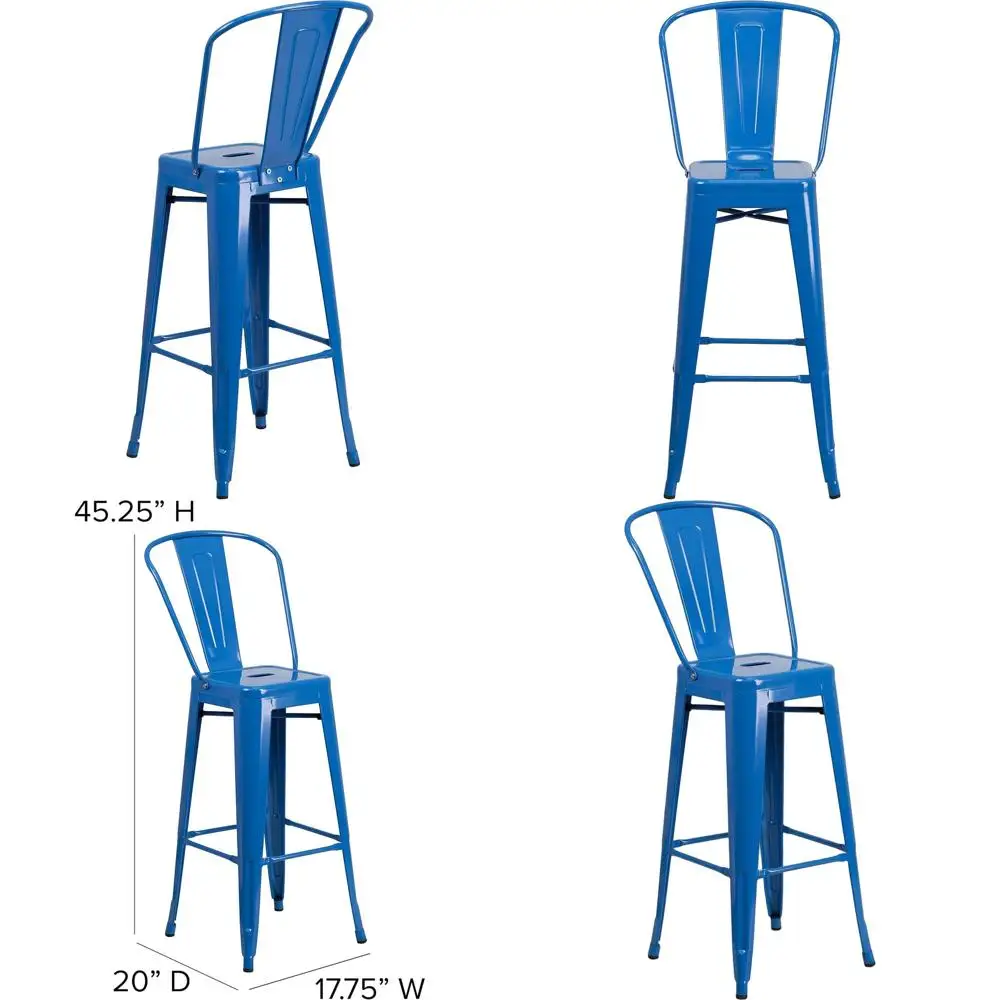

30 High Blue Metal Barstool with Removable Back, Suitable for Indoor and Outdoor Use