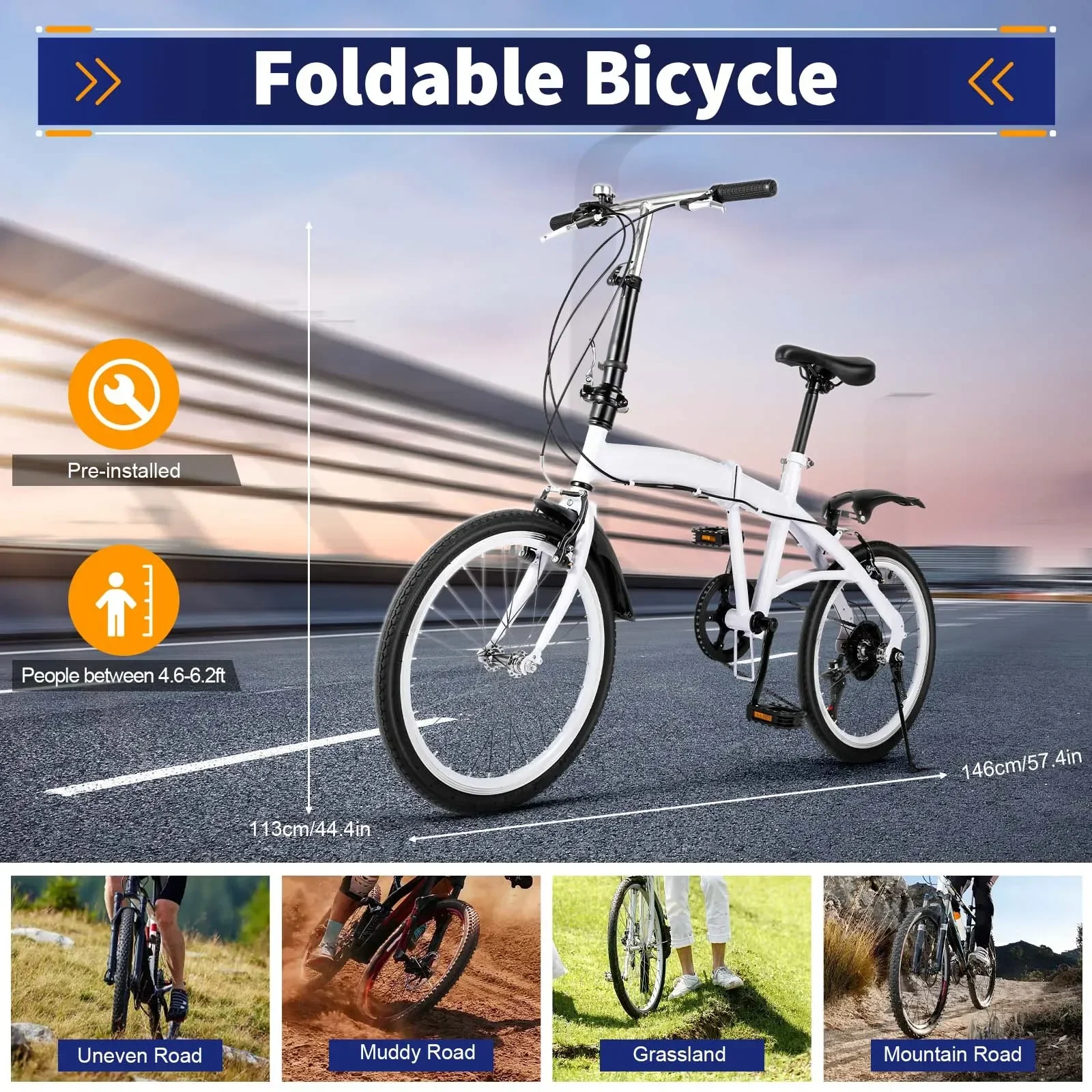 # 20 Inch Folding Bike Foldable 6-Speed Bicycle Lightweight Road Bike Carbon Steel #