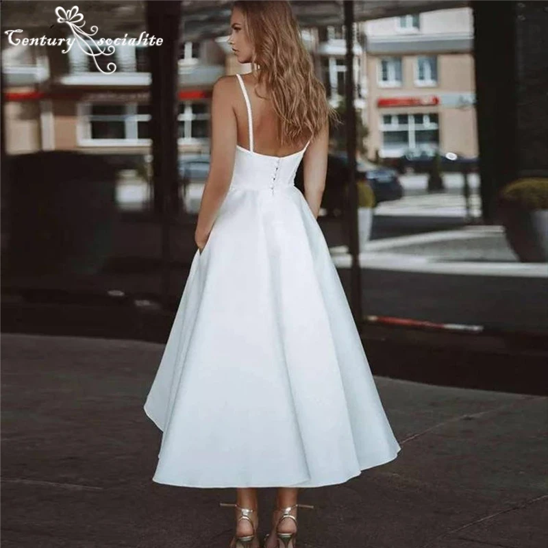 Simple Short Wedding Dresses for Women Bride 2025 with Pockets Spaghetti Straps Ankle Length Satin Bridal Gowns Customized