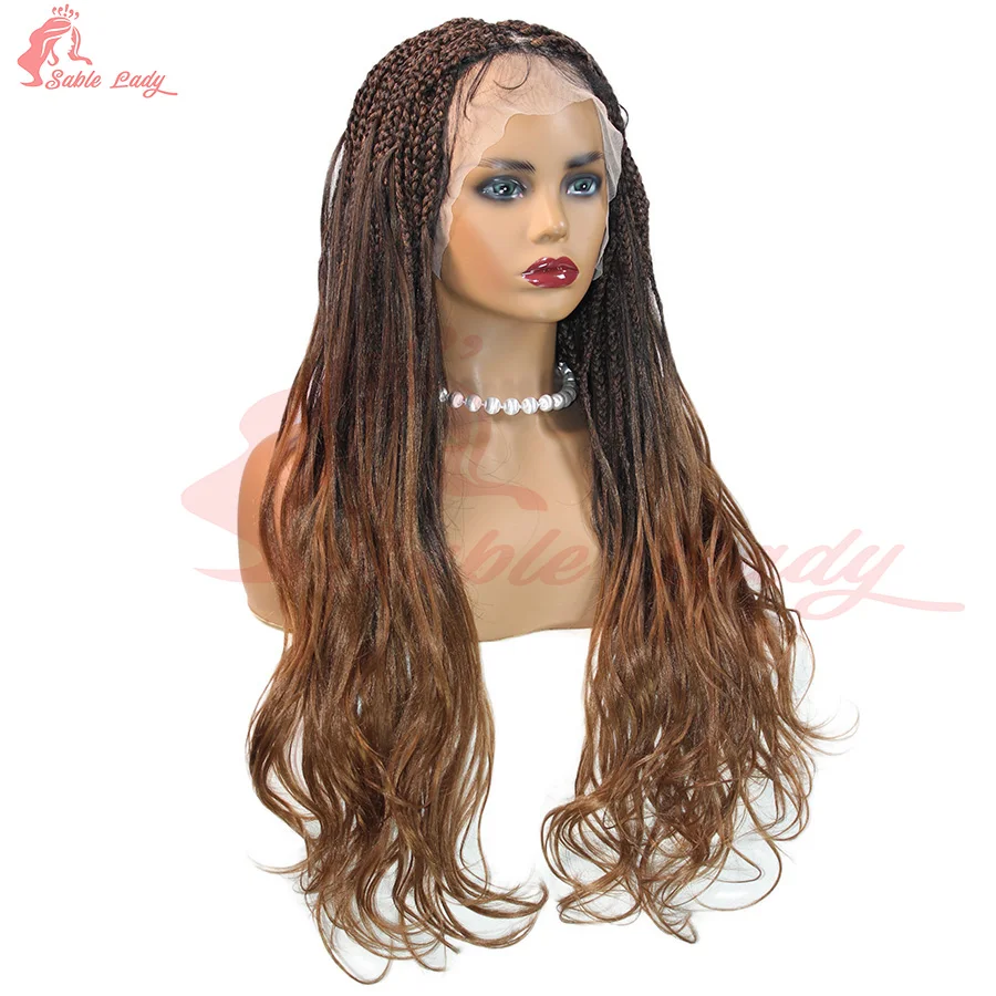 Colored Synthetic Braided Wigs Cornrows Braid With French Curly Hair End Knotless Box Braided Full Lace Wig For Afro Black Women