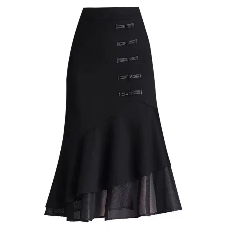 Irregular Skirts Autumn New Temperament Solid Color Elastic Waist Women Clothing A-line Skirt Ladies Chinese Style Buttons Skirt