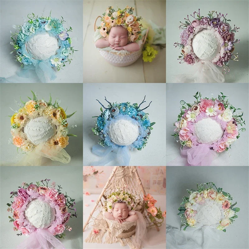 Newborn Photography Caps Accessories Baby Floral Bonnet Hat Photo Color Simulation Flower 3-12 Months Newborn Cap Photo Props