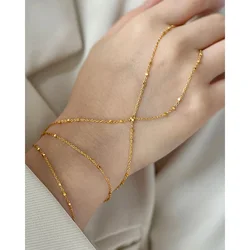 Per'sBox Exquisite Gold Color Bead Chain Finger To Wrist Bracelet Vintage Adjustable Wrap Around Slave Bracelet Layering Jewlery