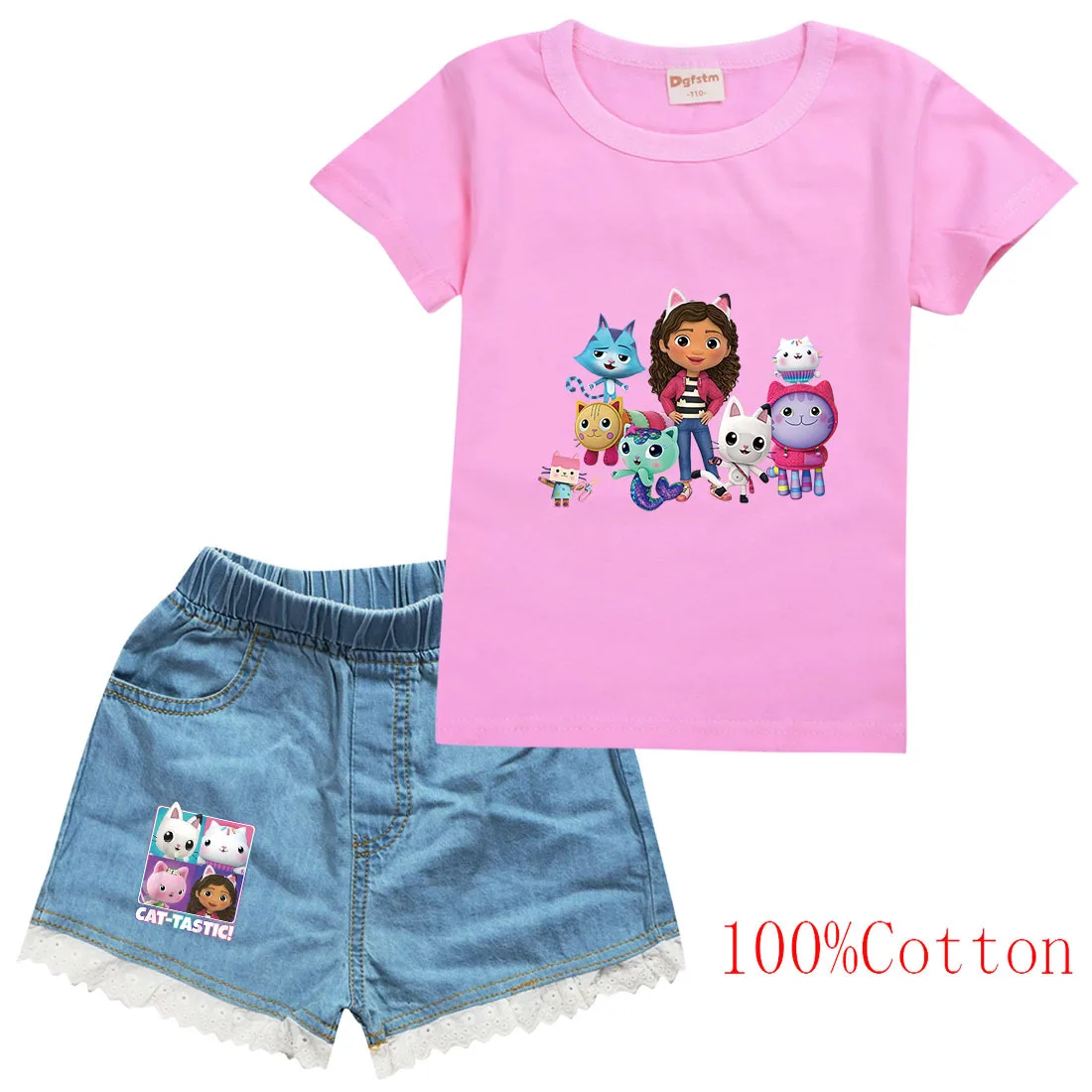 Gabbys Dollhause Clothes Toddler Girls Cartoon Outfits Children Summer Clothing Kids Gabby Cats T-shirts + Denim Shorts 2pcs Set