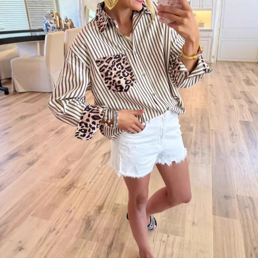 

2025 New Women Leopard Print Striped Dip Hem Loose Fit Casual Blouse Button Front Shirt Tops