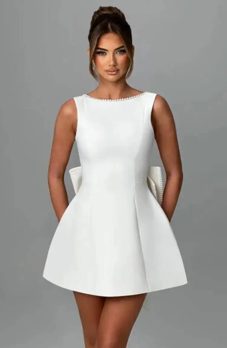 Elegant Pearl Bow Backless Sexy Mini Dress Women's Party Short Dresses White Black Pink Birthday Evening Wedding Summer
