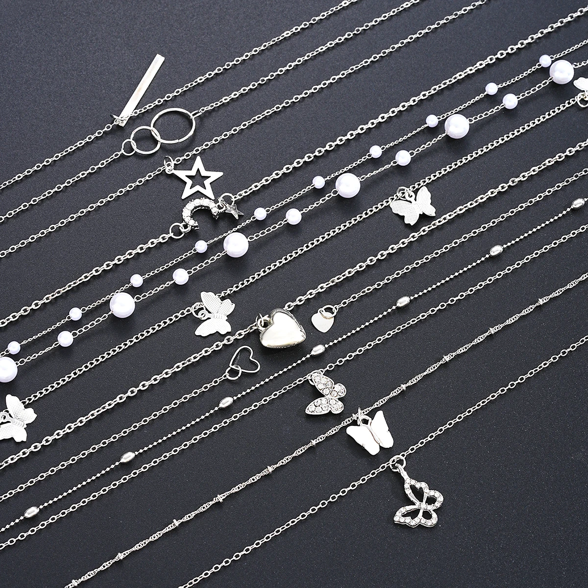 11pcs Simple Heart Butterfly Moon Pendant Necklaces For Women Elegant Silver Color Star Crystal Imitation Pearl Jewelry Set 2025