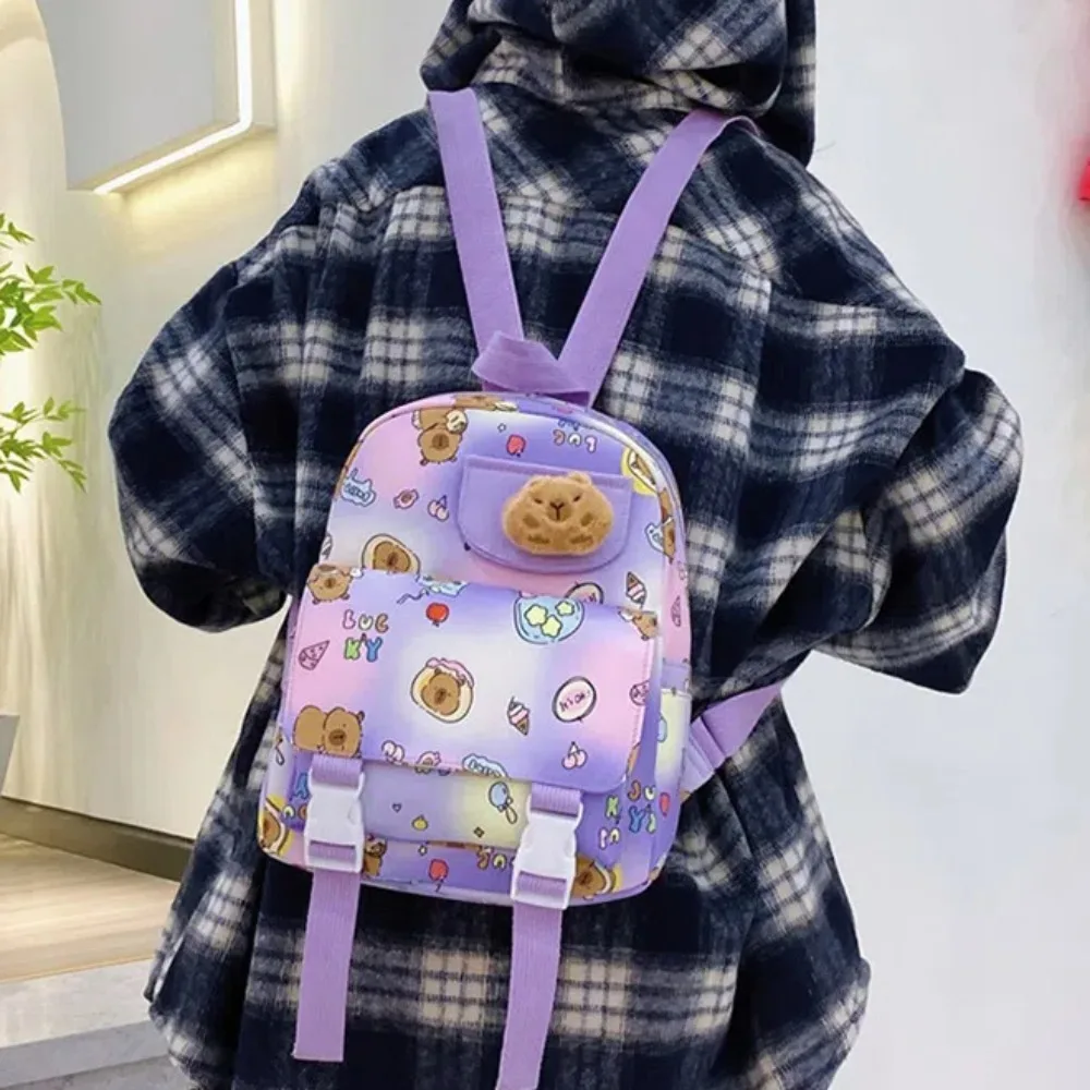 Cute Thickened Capybara Backpack Wide Straps Nylon Large Capacity School Bag Lightweight Foldable Plush Doll Ornament Friends