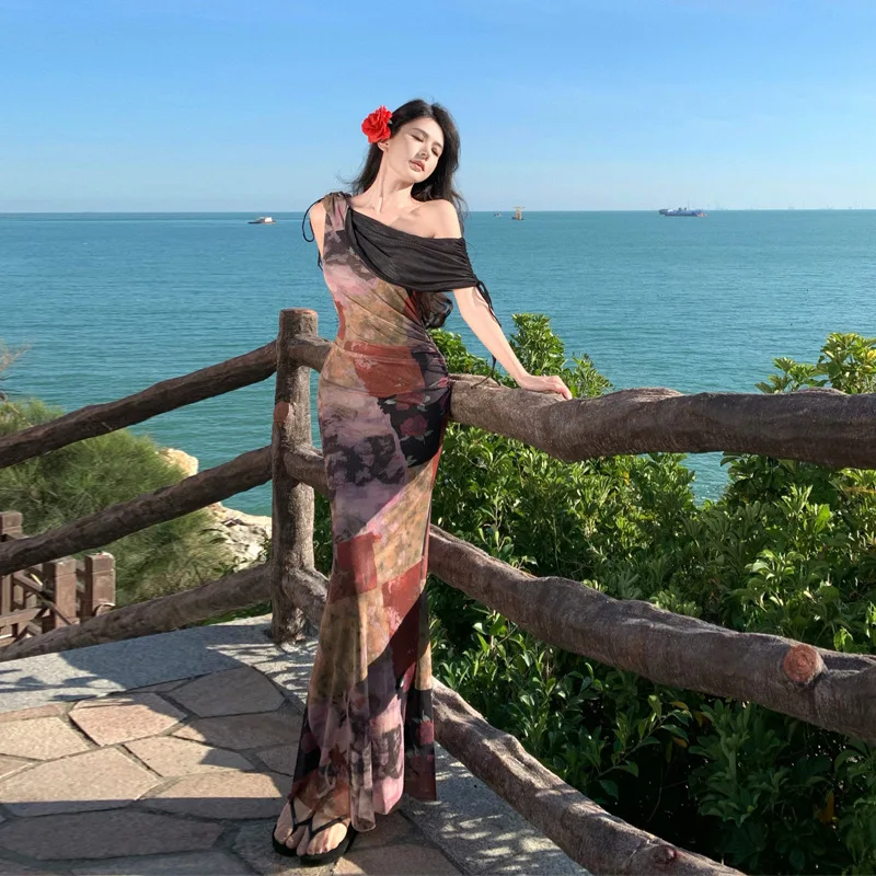 French Off-Shoulder Swing Collar Printed Mesh Dress For Women Summer Cheongsam Sexy Slim Fit Mermaid Bodycon Long Dress