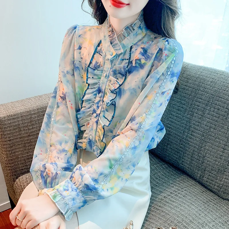 #2589 Spring Chiffon Shirt Long Sleeve Tie Dye Floral Shirts Ruffled Collar Split Joint Ruffles Vintage Ladies Tops And Blouses 