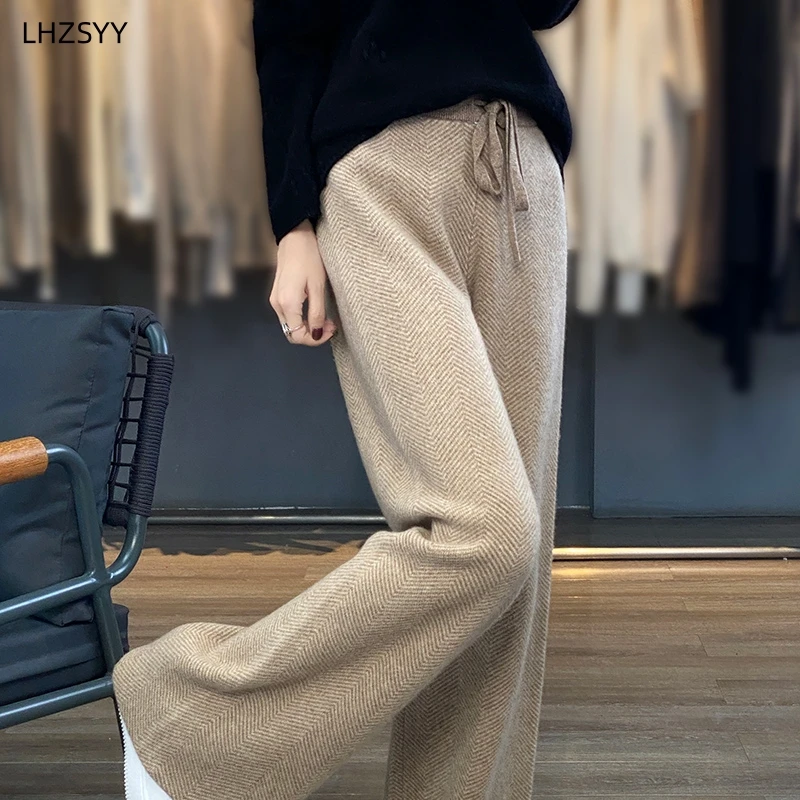 LHZSYY Autumn Winter New 100%Pure Wool Wide-Leg Pants Women\' High-Waist Korean Straight Leg Pants Loose Wear Cashmere Knit Pants