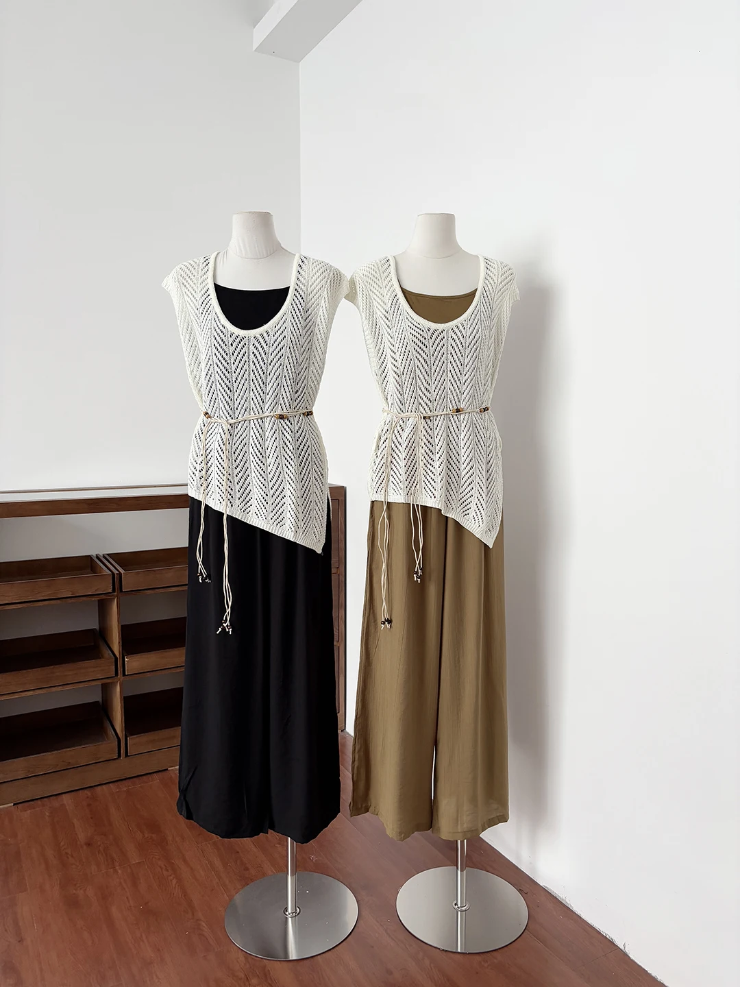 

Summer 2026 Women's Knitted Hollow out Casual Pants Set High Waist Straight Leg Long Pants Inner Wear Tank Top Three Piece Set