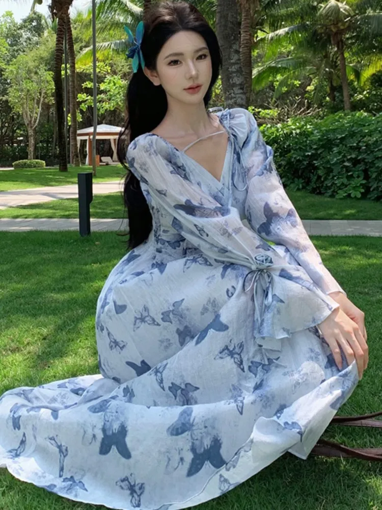

Women Autumn V-neck Blue Floral Dress Sweet Slim Fit Ruffled Sleeve Printed A-line Long Dress Fashion Female Clothes New
