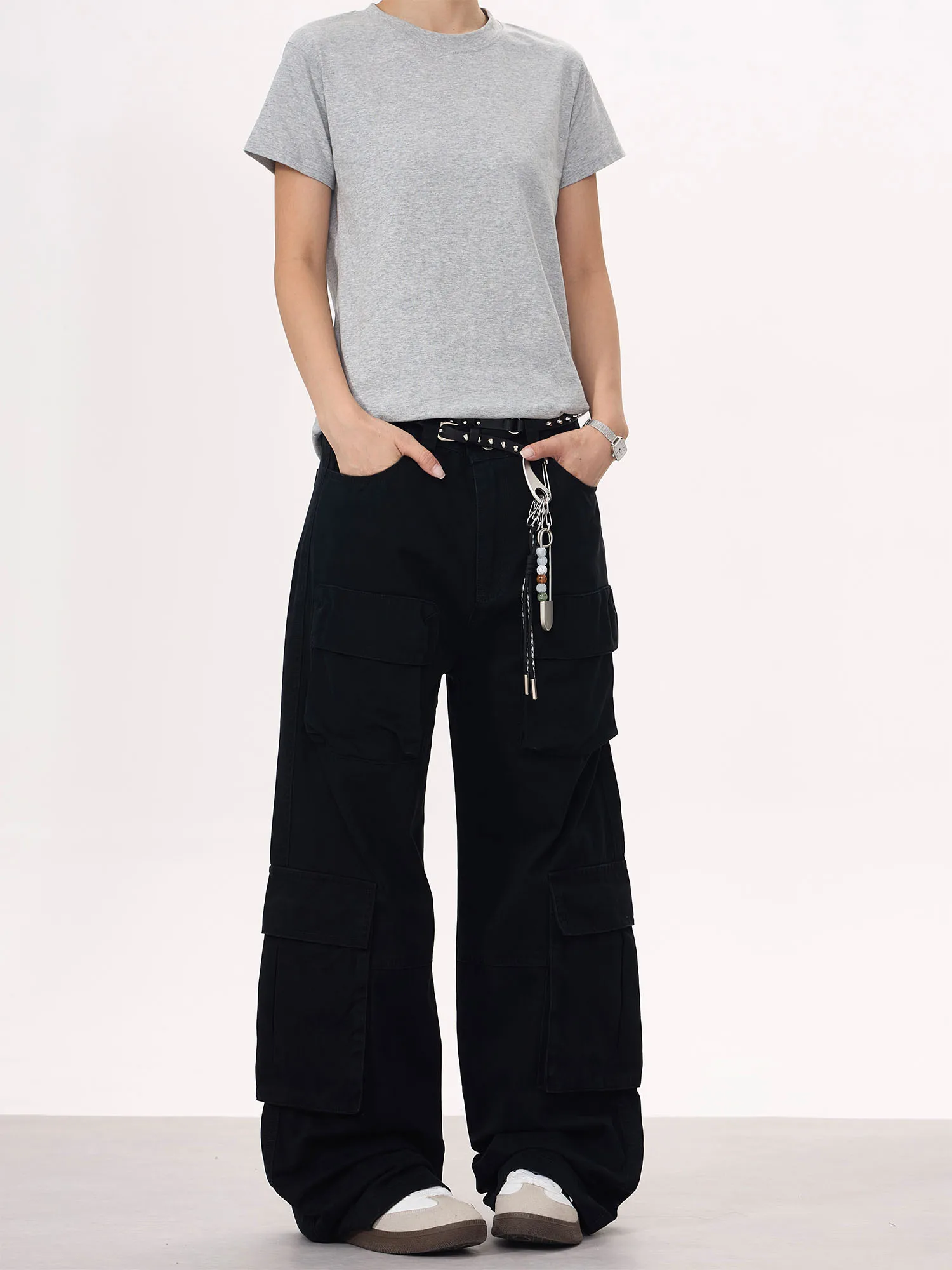 

ISTURE American Retro Wide Leg Work Pants Men's Loose Straight Casual Trousers Multi-ket Casual Cotton Pants