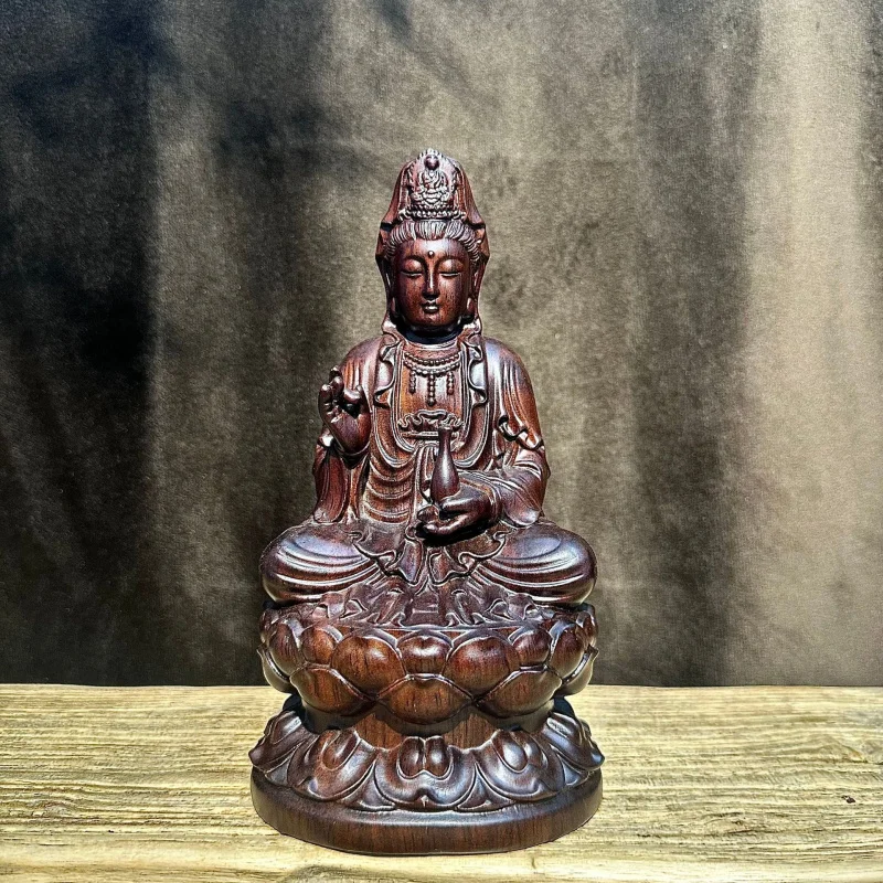 Ebony Carved Bodhisattva Figurine Solid Wood Sitting Lotus Guanyin Buddha Craft God Statue for Home and Shop