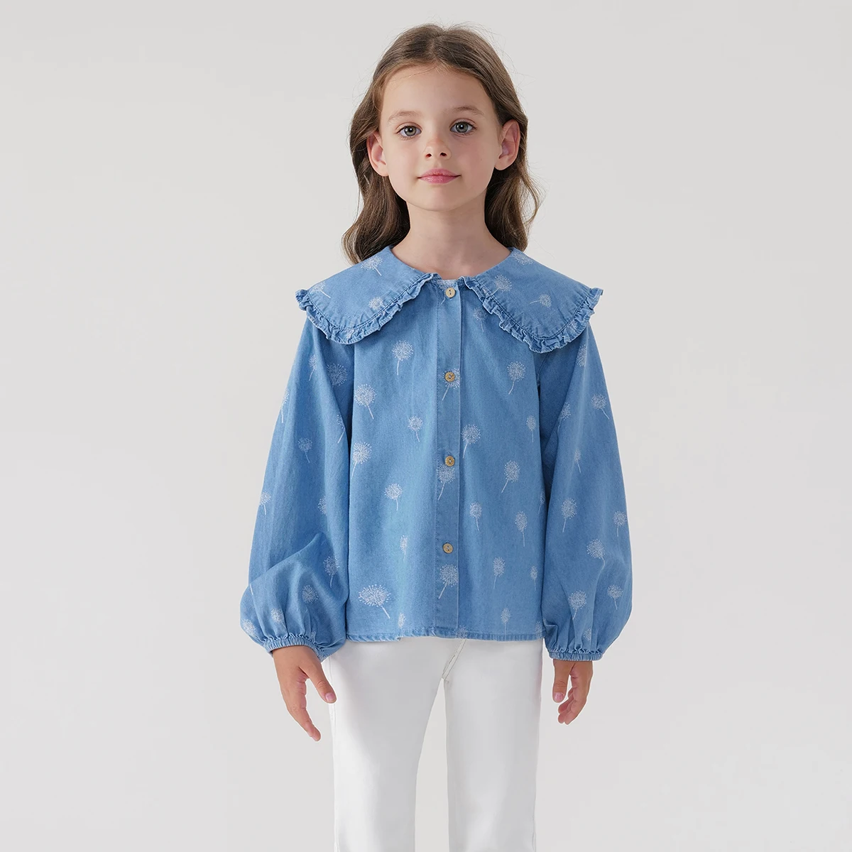 

MARC&JANIE Girls Lace Doll Collar Full Print Denim Shirt Kids Cotton Shirt for Spring 240112