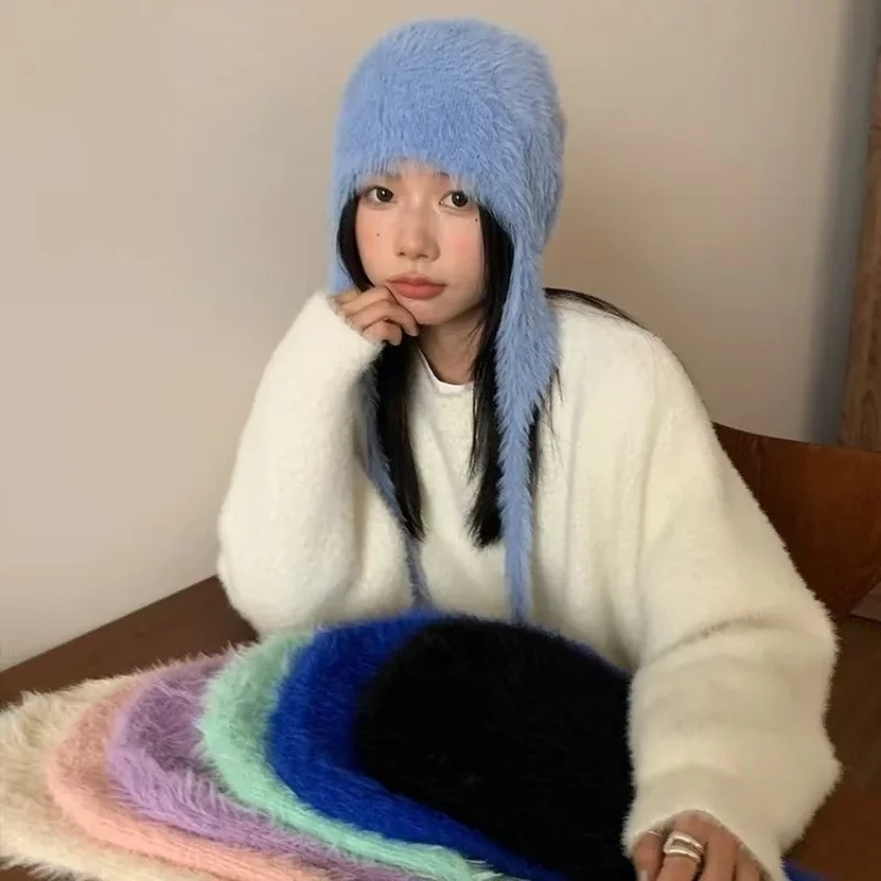 

Soft Imitation Mink Fashion Straps Beanies Caps Autumn and Winter Outdoor Travel Versatile Warm Cute Knitted Women's Hats