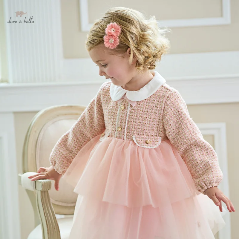 Dave Bella Princess Dress Girls Baby Children 2024 New Autumn Winter  Charm Cute Pink Fashion Long Sleeved Dress DB4243444