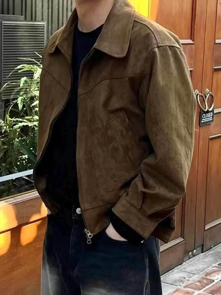

Винтажная коричневая замшевая куртка, верхняя одежда, мужская однотонная весенне-осенняя индивидуальная короткая куртка-карго Detroit, американский бомбер, верхняя одежда