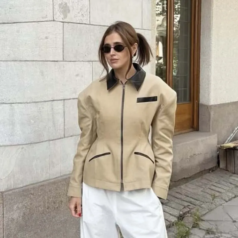 

YENKYE Women Leather Patchwork Slim Zipper Jacket Vintage Lapel Collar Long Sleeve Fashion Outerwear Autumn High Street Coat