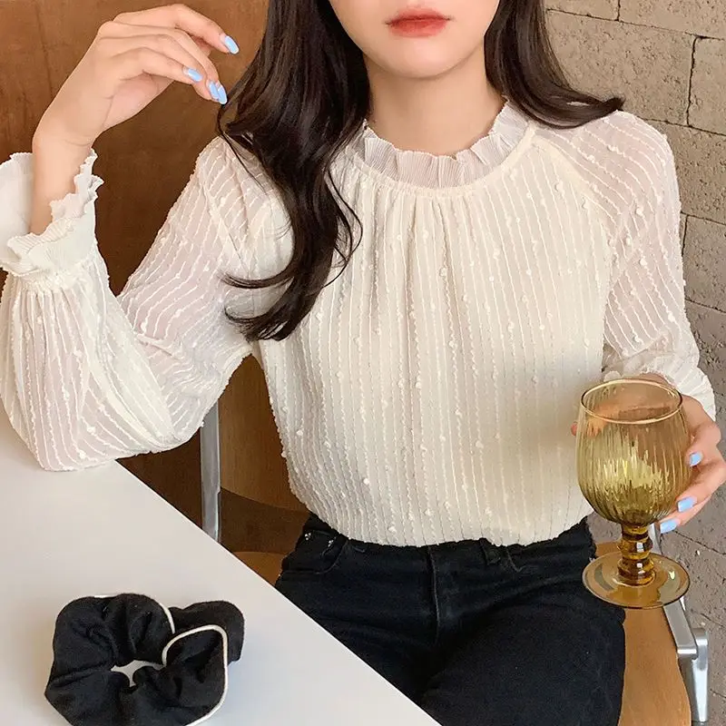 Office Lady Sweet Lantern Sleeve Shirt Spring Autumn O-Neck Women\'s Clothing Fashion Ruffles Spliced Korean Solid Color Blouse